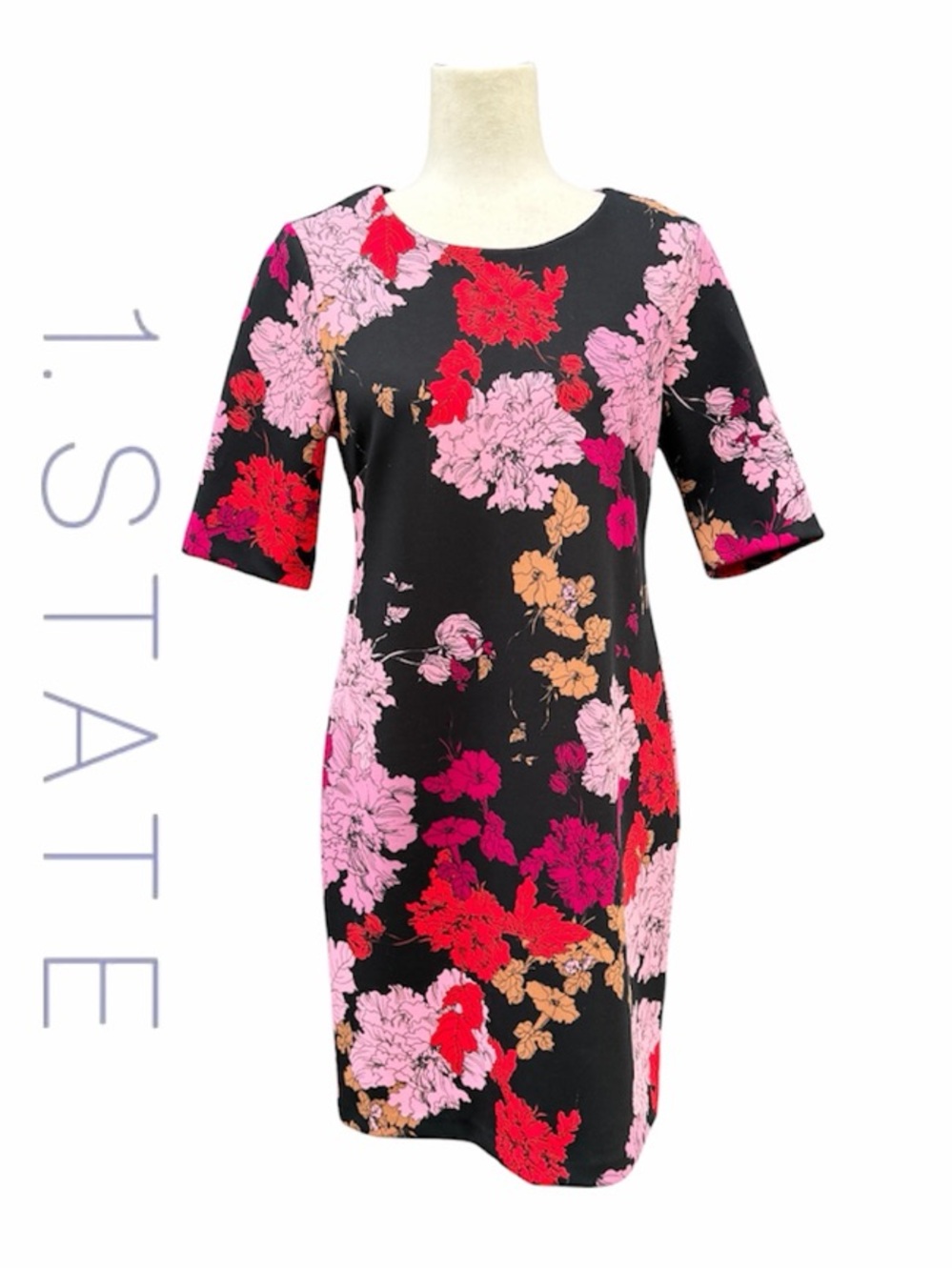 1. State Black Scuba Sheath Dress with Pink, Red & Tan Floral Print Medium